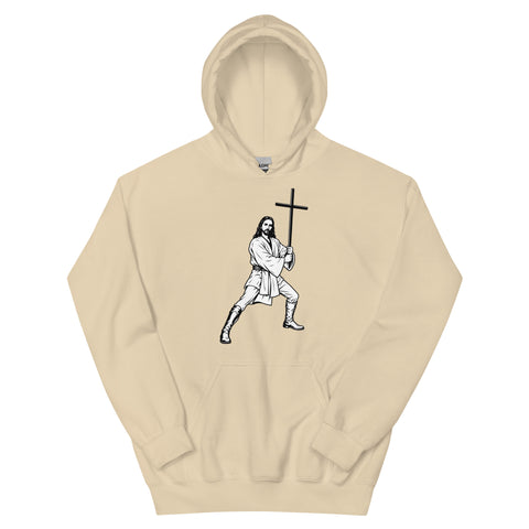 Sand unisex fleece hoodie laid flat, with black ink-cutout cross-bearing warrior artwork on the front.