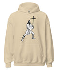 Sand unisex fleece hoodie with black ink-cutout cross-bearing warrior front artwork, front view.