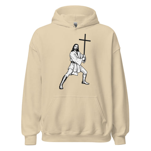 Sand unisex fleece hoodie with black ink-cutout cross-bearing warrior front artwork, front view.