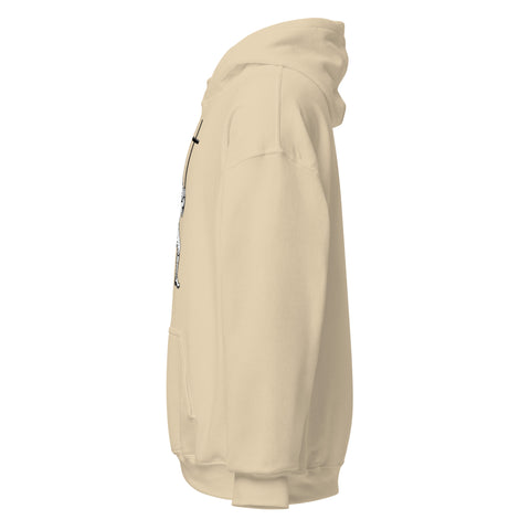 Sand unisex fleece hoodie with black ink-cutout cross-bearing warrior front artwork, left-side view.