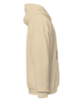 Sand unisex fleece hoodie with black ink-cutout cross-bearing warrior front artwork, right-side view.
