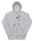 Sport Grey unisex fleece hoodie laid flat, with black ink-cutout cross-bearing warrior artwork on the front.