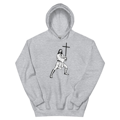 Sport Grey unisex fleece hoodie laid flat, with black ink-cutout cross-bearing warrior artwork on the front.