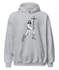 Sport Grey unisex fleece hoodie with black ink-cutout cross-bearing warrior front artwork, front view.