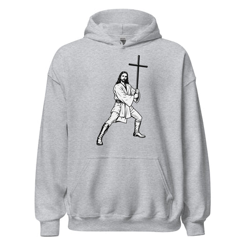 Sport Grey unisex fleece hoodie with black ink-cutout cross-bearing warrior front artwork, front view.