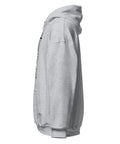 Sport Grey unisex fleece hoodie with black ink-cutout cross-bearing warrior front artwork, left-side view.