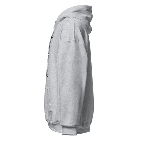 Sport Grey unisex fleece hoodie with black ink-cutout cross-bearing warrior front artwork, left-side view.