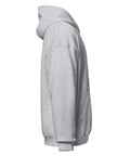 Sport Grey unisex fleece hoodie with black ink-cutout cross-bearing warrior front artwork, right-side view.