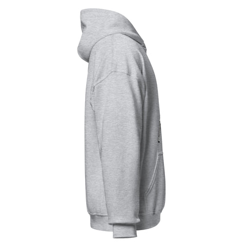 Sport Grey unisex fleece hoodie with black ink-cutout cross-bearing warrior front artwork, right-side view.