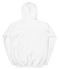 White unisex fleece hoodie, flat back view with no print.