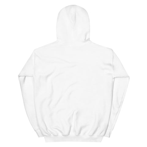 White unisex fleece hoodie, flat back view with no print.
