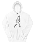 White unisex fleece hoodie laid flat, with black ink-cutout cross-bearing warrior artwork on the front.