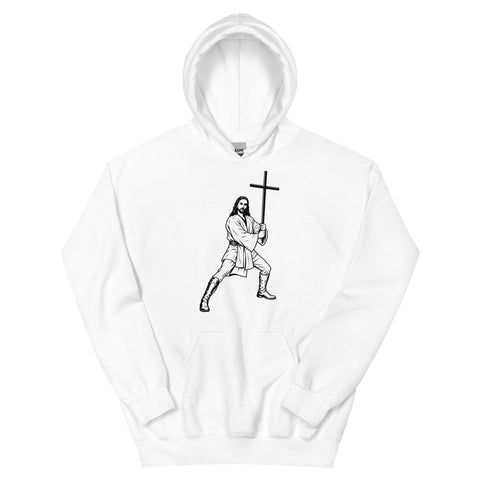 White unisex fleece hoodie laid flat, with black ink-cutout cross-bearing warrior artwork on the front.