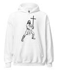 White unisex fleece hoodie with black ink-cutout cross-bearing warrior front artwork, front view.