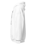 White unisex fleece hoodie with black ink-cutout cross-bearing warrior front artwork, left-side view.