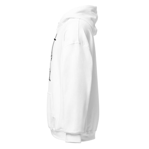 White unisex fleece hoodie with black ink-cutout cross-bearing warrior front artwork, left-side view.