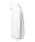 White unisex fleece hoodie with black ink-cutout cross-bearing warrior front artwork, right-side view.