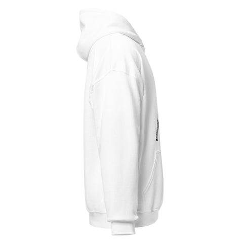 White unisex fleece hoodie with black ink-cutout cross-bearing warrior front artwork, right-side view.