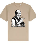 Desert Dust Peace Sign Monk organic heavyweight Freestyler T-shirt, front view with black-and-white monk making a peace sign and PEACE! lettering.