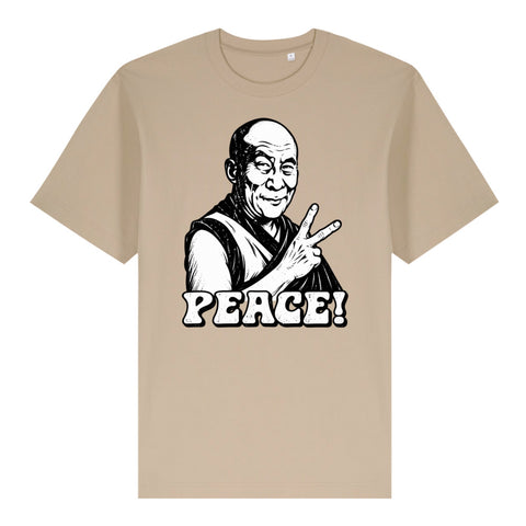 Desert Dust Peace Sign Monk organic heavyweight Freestyler T-shirt, front view with black-and-white monk making a peace sign and PEACE! lettering.