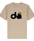 D-Bomb Spark organic heavyweight tee in Desert Dust, front view with black letter d, cartoon bomb and red-and-yellow spark