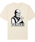 Natural Raw Peace Sign Monk organic heavyweight Freestyler T-shirt, front view with black-and-white monk making a peace sign and PEACE! lettering.
