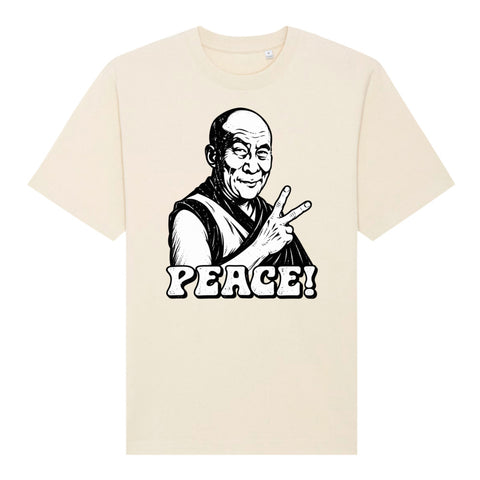 Natural Raw Peace Sign Monk organic heavyweight Freestyler T-shirt, front view with black-and-white monk making a peace sign and PEACE! lettering.