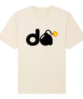 D-Bomb Spark organic heavyweight tee in Natural Raw, front view with black letter d, cartoon bomb and red-and-yellow spark