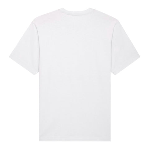 White Peace Sign Monk organic heavyweight Freestyler T-shirt, back view showing the unprinted back.
