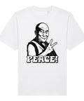White Peace Sign Monk organic heavyweight Freestyler T-shirt, front view with black-and-white monk making a peace sign and PEACE! lettering.