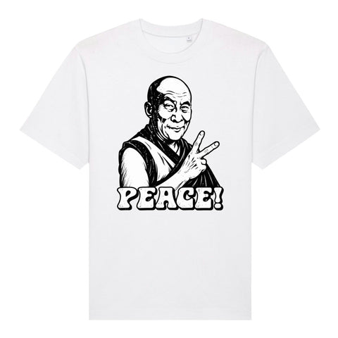 White Peace Sign Monk organic heavyweight Freestyler T-shirt, front view with black-and-white monk making a peace sign and PEACE! lettering.