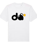 D-Bomb Spark organic heavyweight tee in White, front view with black letter d, cartoon bomb and red-and-yellow spark