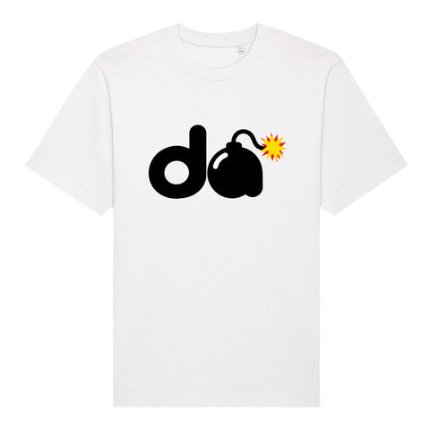 D-Bomb Spark organic heavyweight tee in White, front view with black letter d, cartoon bomb and red-and-yellow spark