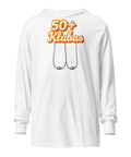 50+ Club white cotton hooded long sleeve tee – front with complete orange Lithuanian 50+ Klubas lettering and cheeky line art, view 1