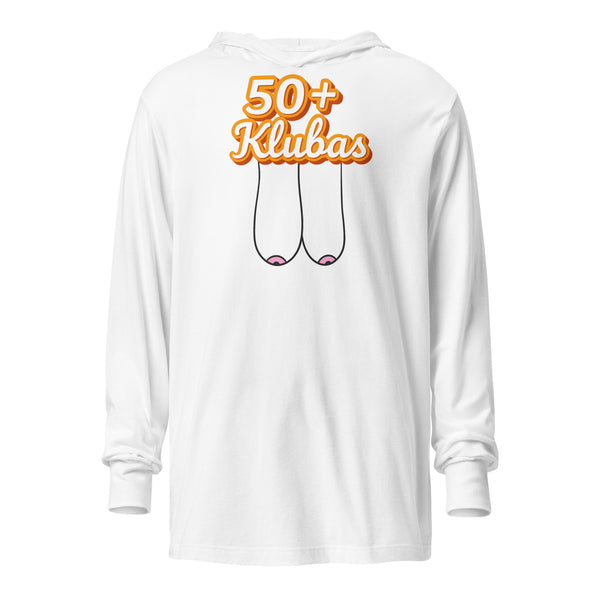50+ Club white cotton hooded long sleeve tee – front with complete orange Lithuanian 50+ Klubas lettering and cheeky line art, view 1