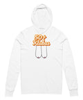 50+ Club white cotton hooded long sleeve tee – front with complete orange Lithuanian 50+ Klubas lettering and cheeky line art, view 5