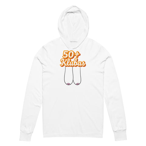 50+ Club white cotton hooded long sleeve tee – front with complete orange Lithuanian 50+ Klubas lettering and cheeky line art, view 5