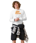 50+ Club white cotton hooded long sleeve tee – front with complete orange Lithuanian 50+ Klubas lettering and cheeky line art, view 7