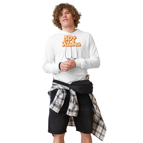 50+ Club white cotton hooded long sleeve tee – front with complete orange Lithuanian 50+ Klubas lettering and cheeky line art, view 7