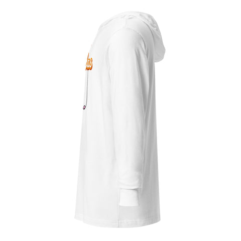50+ Club white cotton hooded long sleeve tee – left side with plain sleeve, view 3