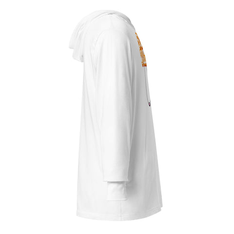 50+ Club white cotton hooded long sleeve tee – right side with plain sleeve, view 4