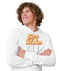 50+ Club white cotton hooded long sleeve tee – front with complete orange Lithuanian 50+ Klubas lettering and cheeky line art, view 9