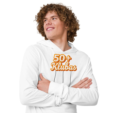 50+ Club white cotton hooded long sleeve tee – front with complete orange Lithuanian 50+ Klubas lettering and cheeky line art, view 9