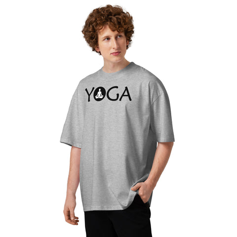 Male model wearing the Heather Grey Minimalist Yoga organic oversized high-neck T-shirt with a black YOGA meditation design on the front.