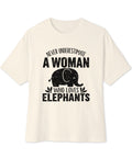 Natural unisex oversized boxy tee – original Never Underestimate an Elephant Lover front graphic – ZIPZAPPA