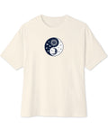 Celestial Balance oversized boxy tee in Natural – front with sun and moon yin-yang artwork