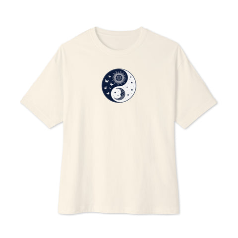 Celestial Balance oversized boxy tee in Natural – front with sun and moon yin-yang artwork