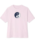 Celestial Balance oversized boxy tee in Soft Pink – front with sun and moon yin-yang artwork