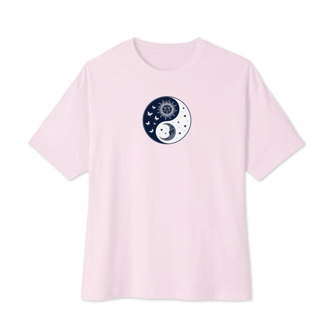 Celestial Balance oversized boxy tee in Soft Pink – front with sun and moon yin-yang artwork