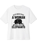White unisex oversized boxy tee – original Never Underestimate an Elephant Lover front graphic – ZIPZAPPA